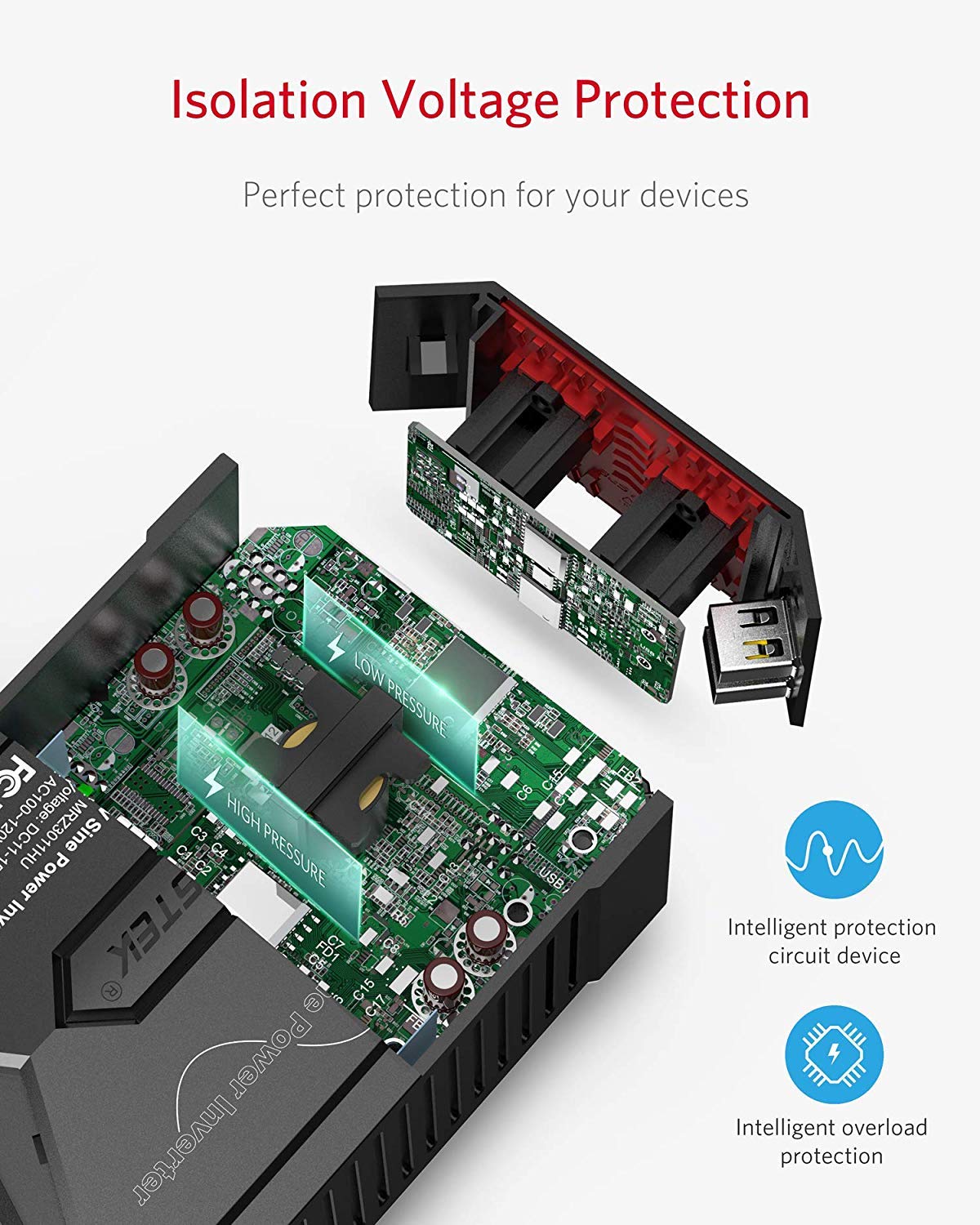 BESTEK 300W pure sine wave inverter — exploded view of the internal circuit board