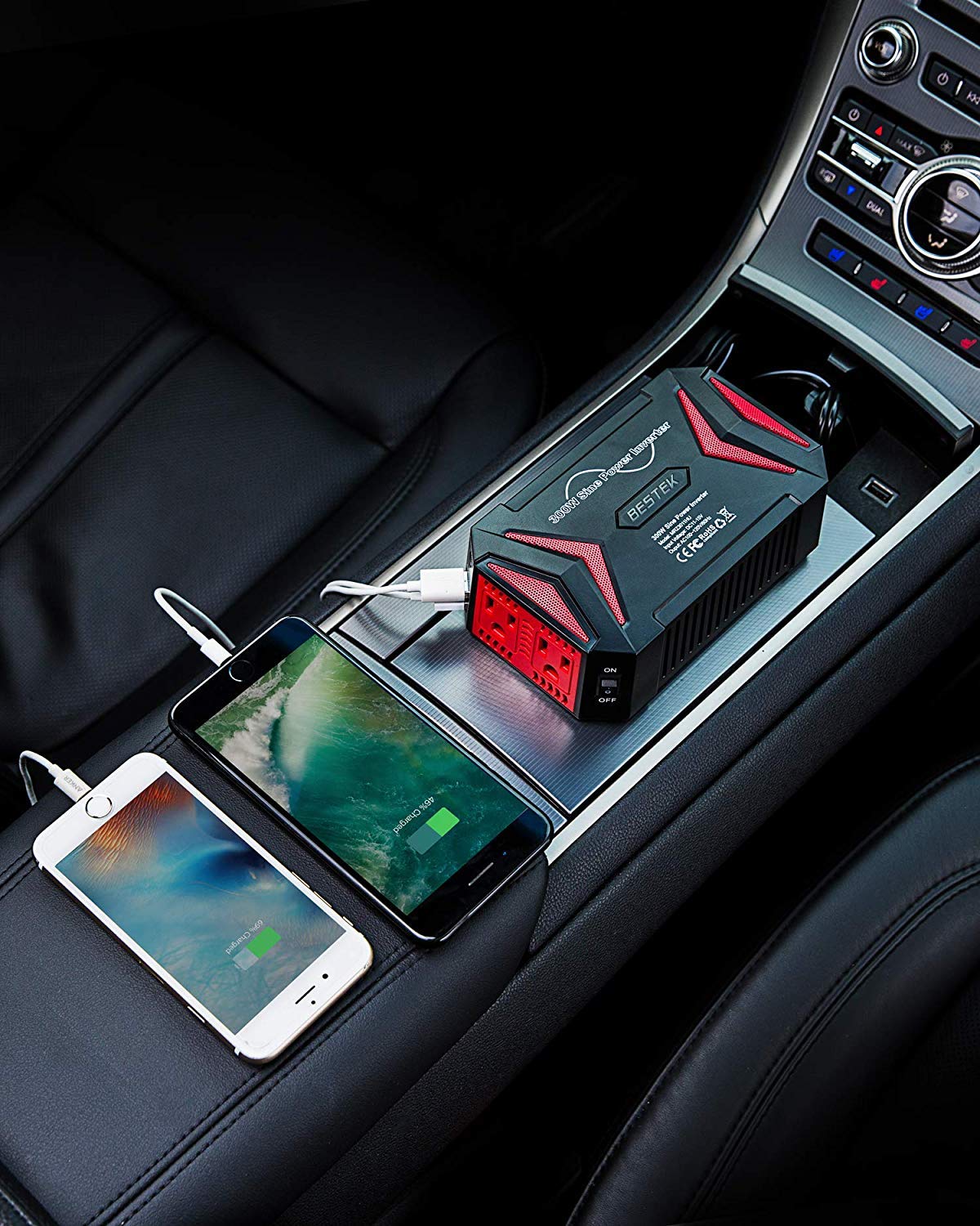 BESTEK 300W pure sine wave inverter — inverter charging a phone and tablet in a car