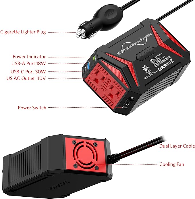 BESTEK 300W pure sine wave inverter — labeled front and rear ports, switch and fan