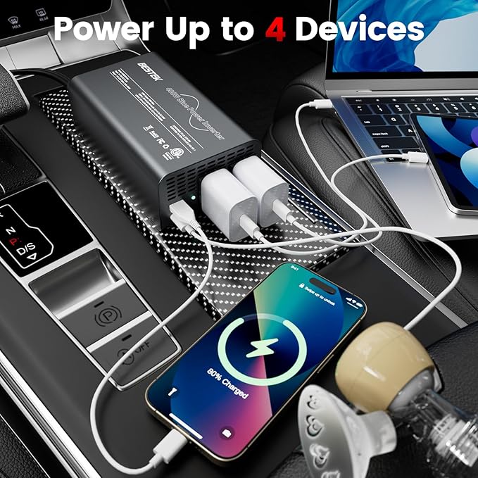 BESTEK 400W pure sine wave inverter — multiple devices connected to AC and USB ports