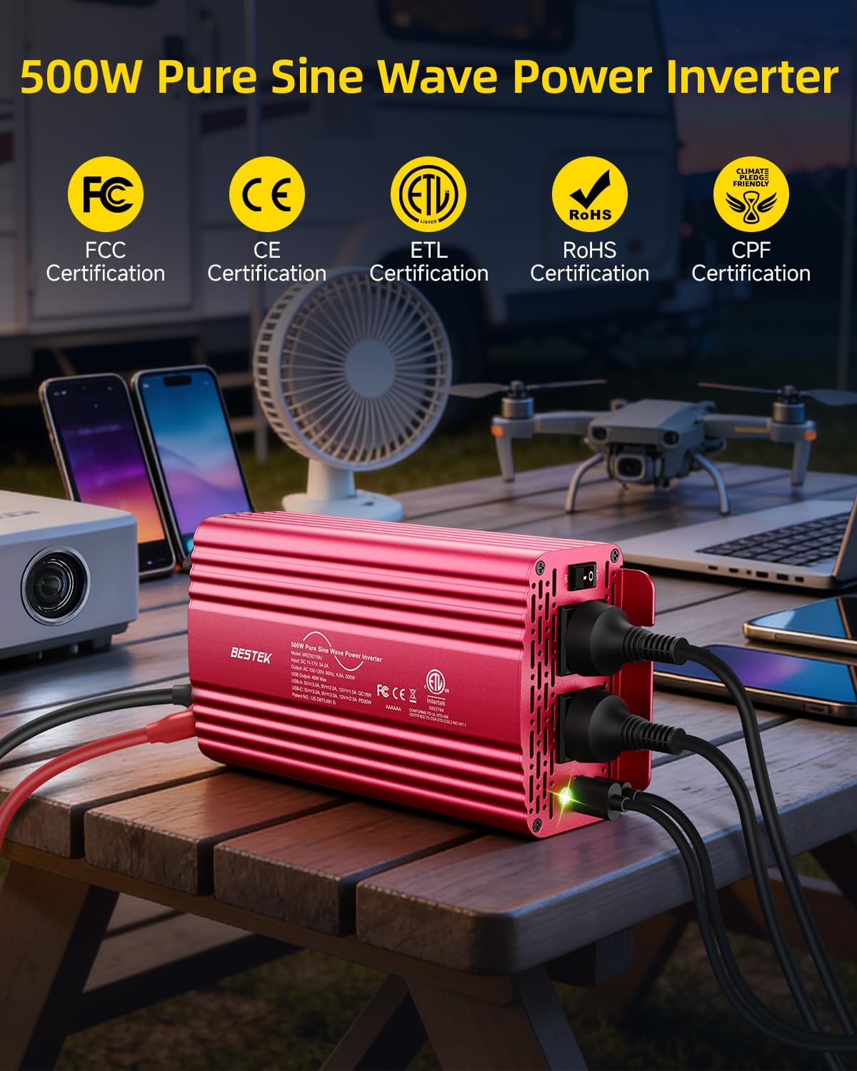 BESTEK 500W pure sine wave inverter — red inverter graphic with listed certification symbols