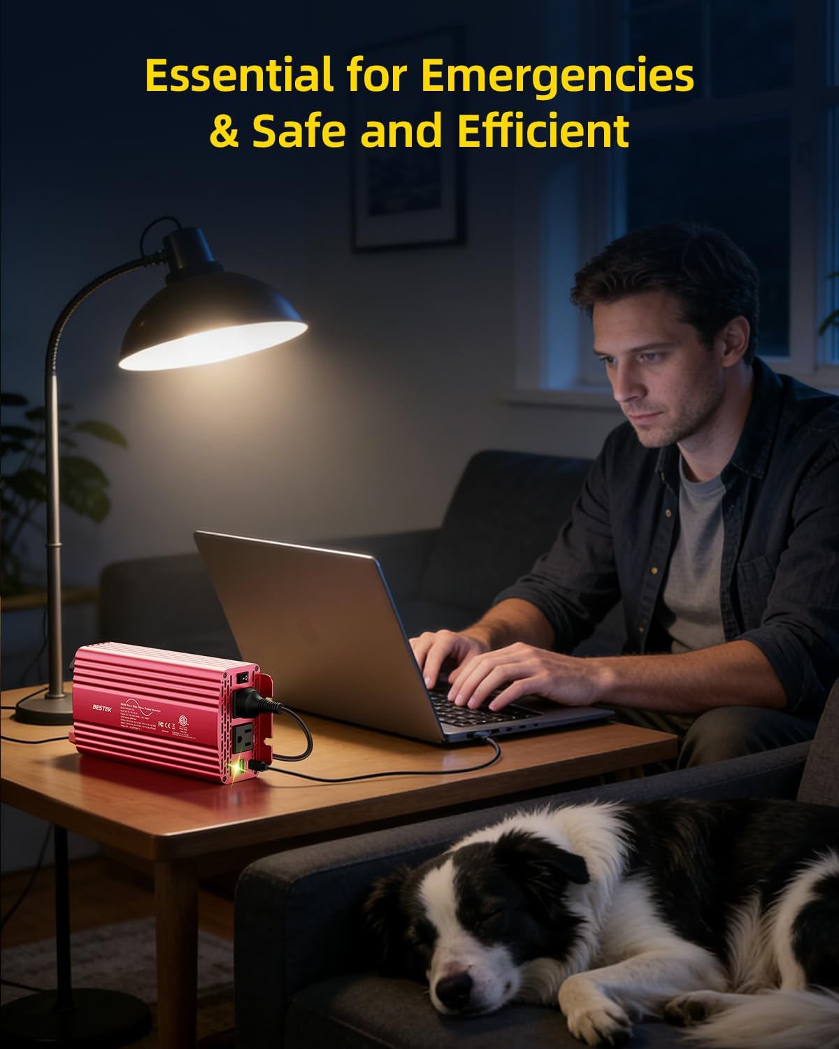 BESTEK 500W pure sine wave inverter — inverter powering a desk lamp and laptop