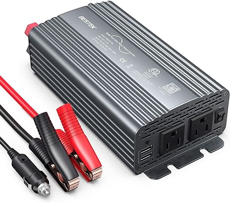 BESTEK 500W pure sine wave inverter — gray inverter with car plug and battery clamps