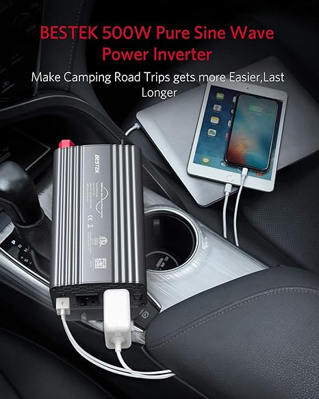 BESTEK 500W pure sine wave inverter — gray inverter charging connected devices in a car