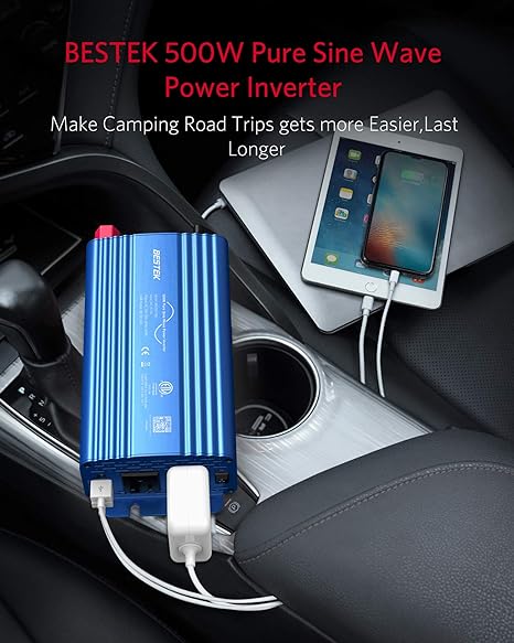 BESTEK 500W pure sine wave inverter — blue inverter charging devices in a car