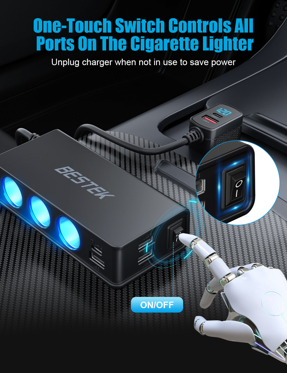 BESTEK 148W car socket splitter — switch controlling the connected accessory sockets
