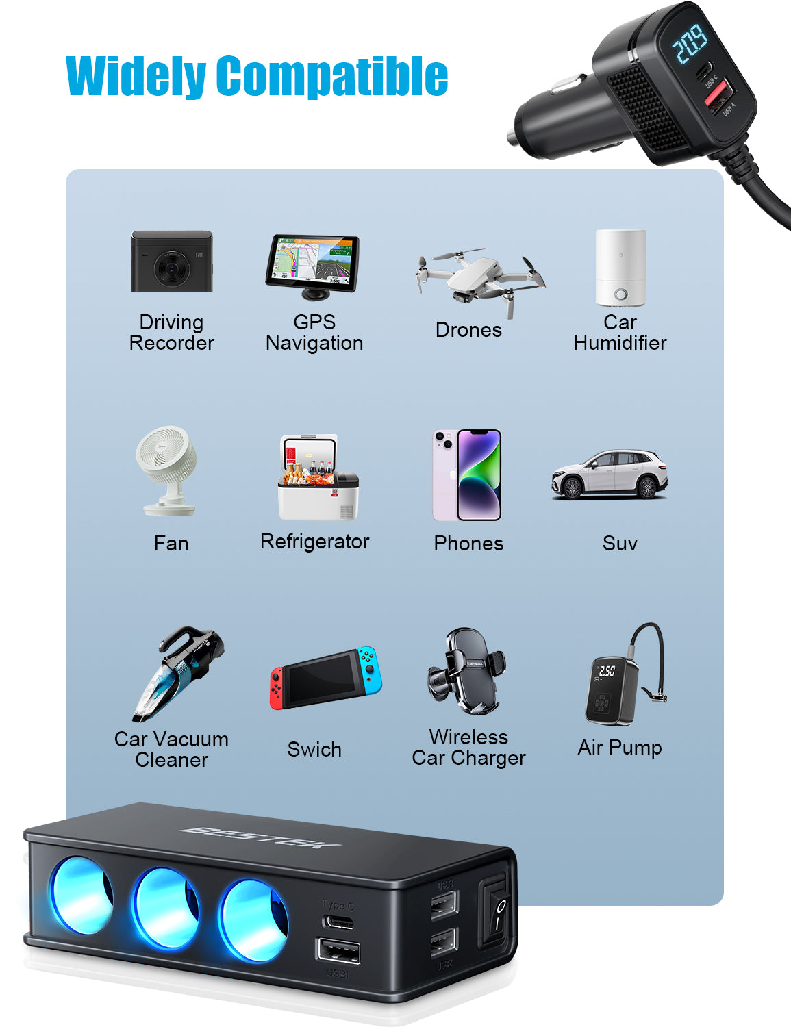 BESTEK 148W car socket splitter — black splitter with accessory-device examples