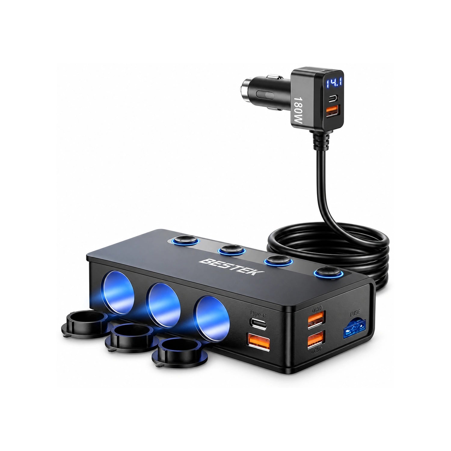 BESTEK 180W Cigarette Lighter Splitter with 65W USB-C PD, Black - alternate rear product view