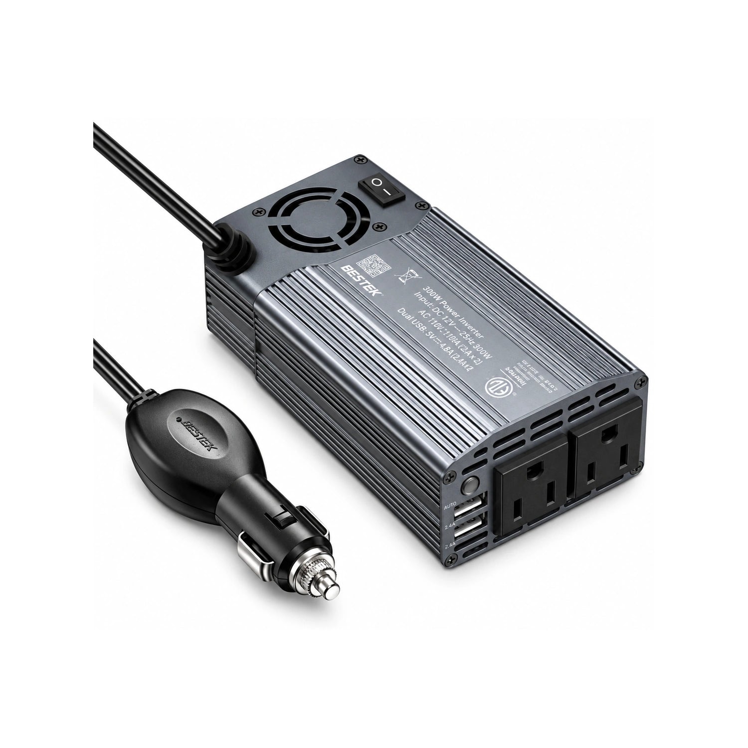 BESTEK 300W Power Inverter DC 12V to 110V AC Car Inverter with 4.2A (gray) - alternate rear product view