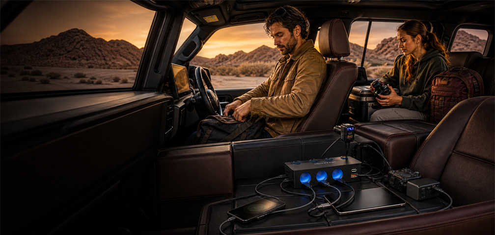 BESTEK 180W car power splitter charging devices across an SUV cabin