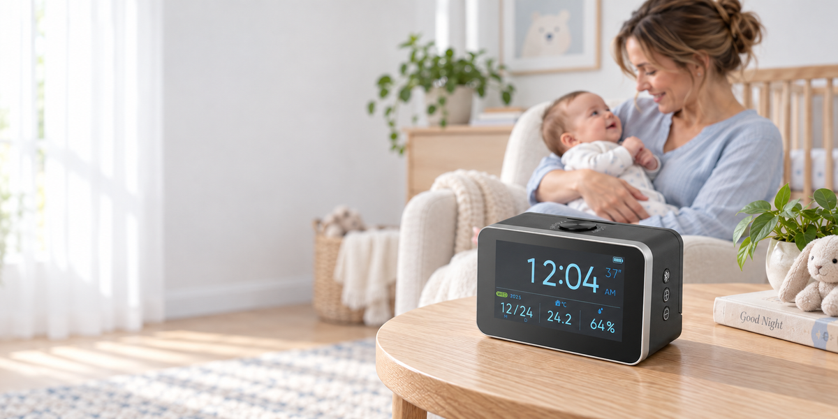 BESTEK Bluetooth monitor on a separate side table while a parent holds their baby in a bright nursery