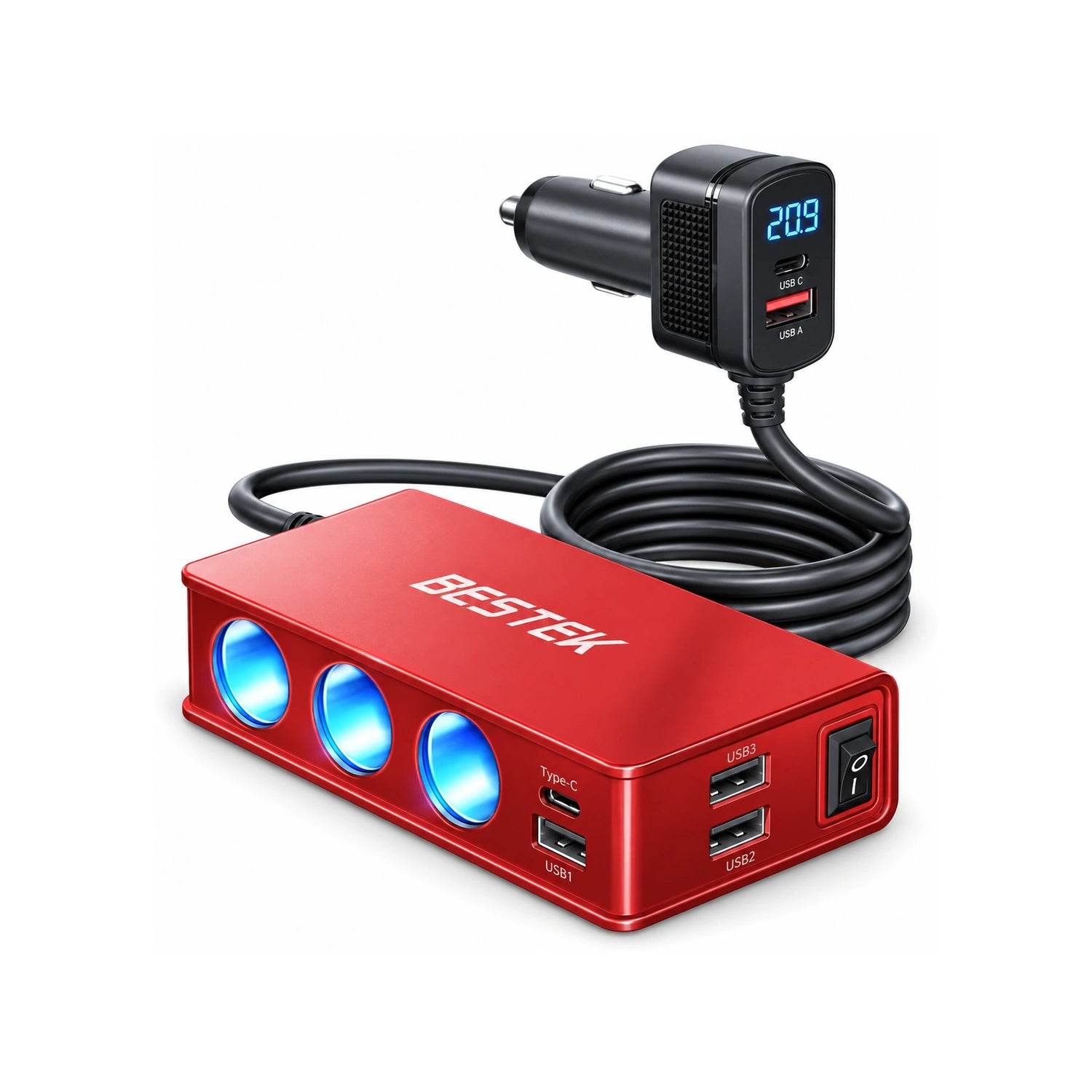 BESTEK 148W 9-in-1 Cigarette Lighter Splitter with 30W USB-C PD, Red - alternate rear product view