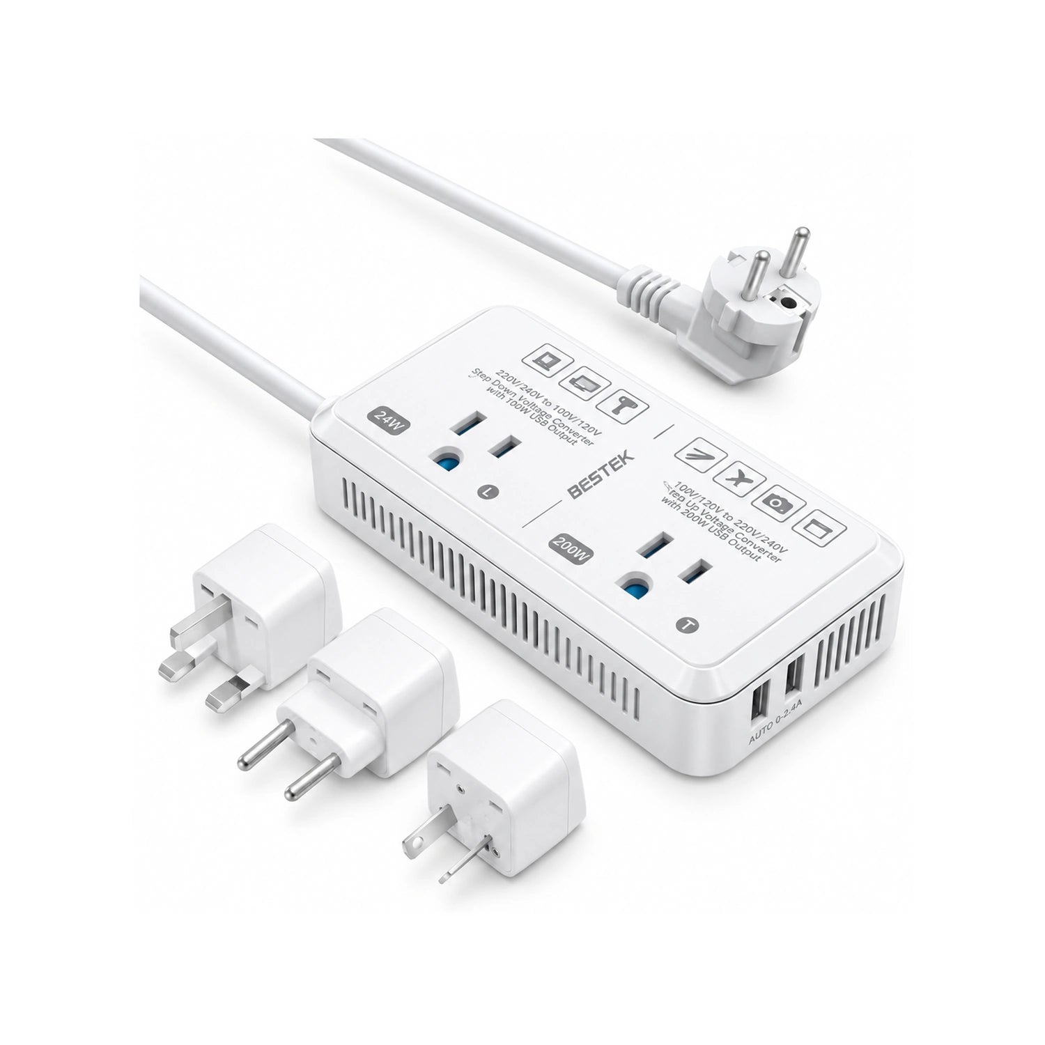 BESTEK 2000W Travel Voltage Converter with 2 USB Ports, White - alternate rear product view
