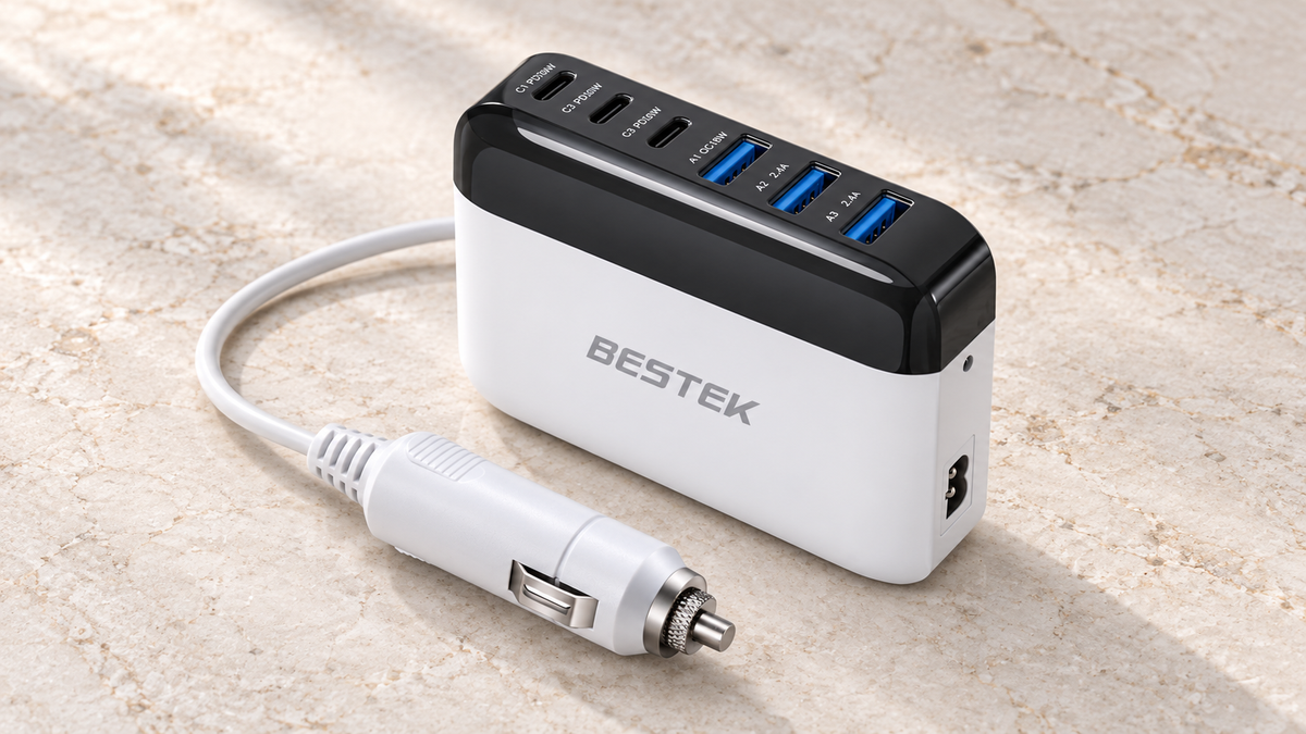 BESTEK MRC686C 125W six-port car charger and its 12V plug on a warm studio surface
