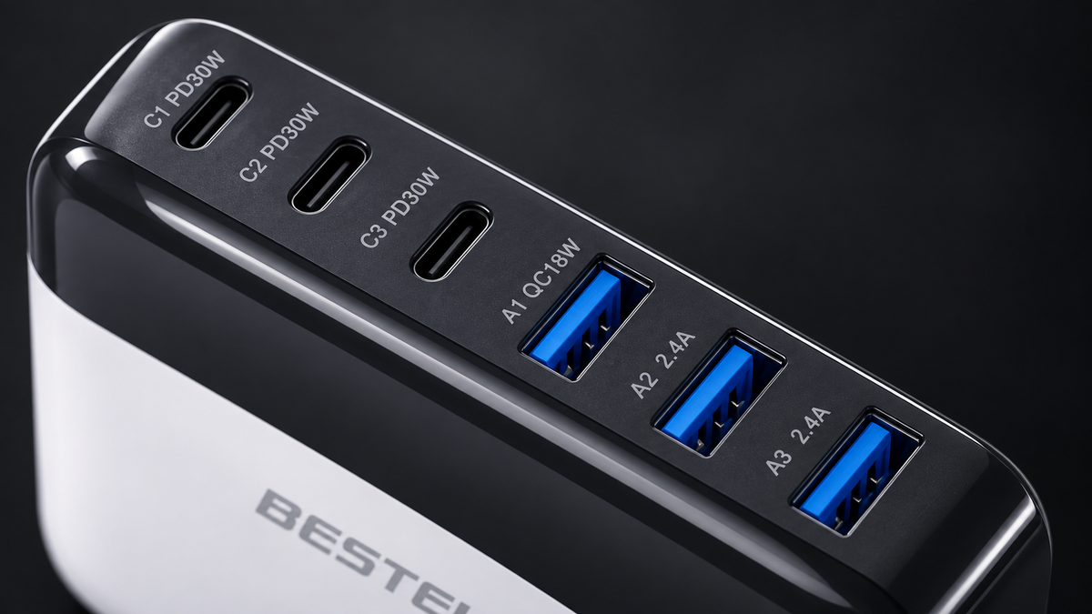 Close view of the BESTEK MRC686C top panel with three USB-C and three USB-A ports