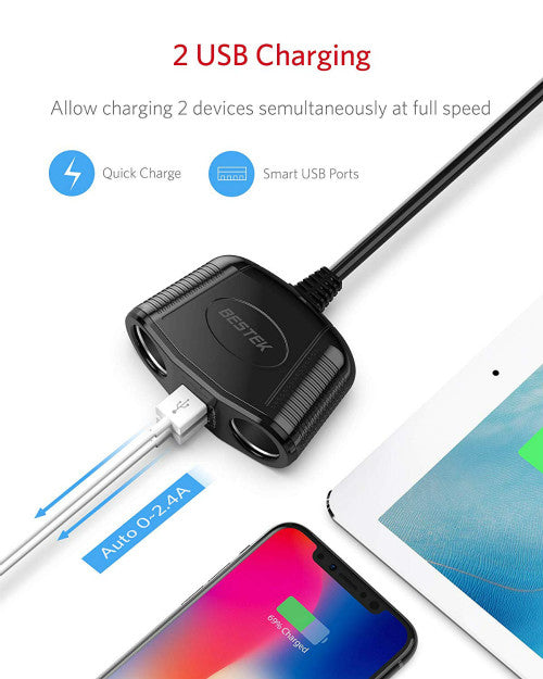 BESTEK 150W car socket splitter — dual USB charging illustration