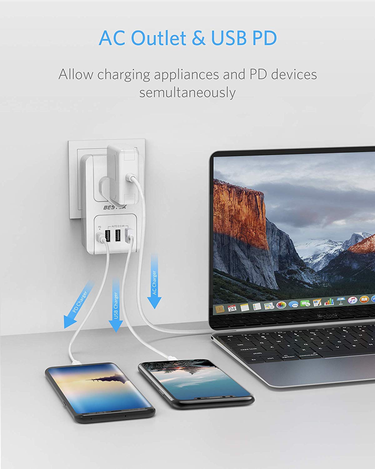 BESTEK travel plug adapter — AC and USB charging a laptop, phone and tablet