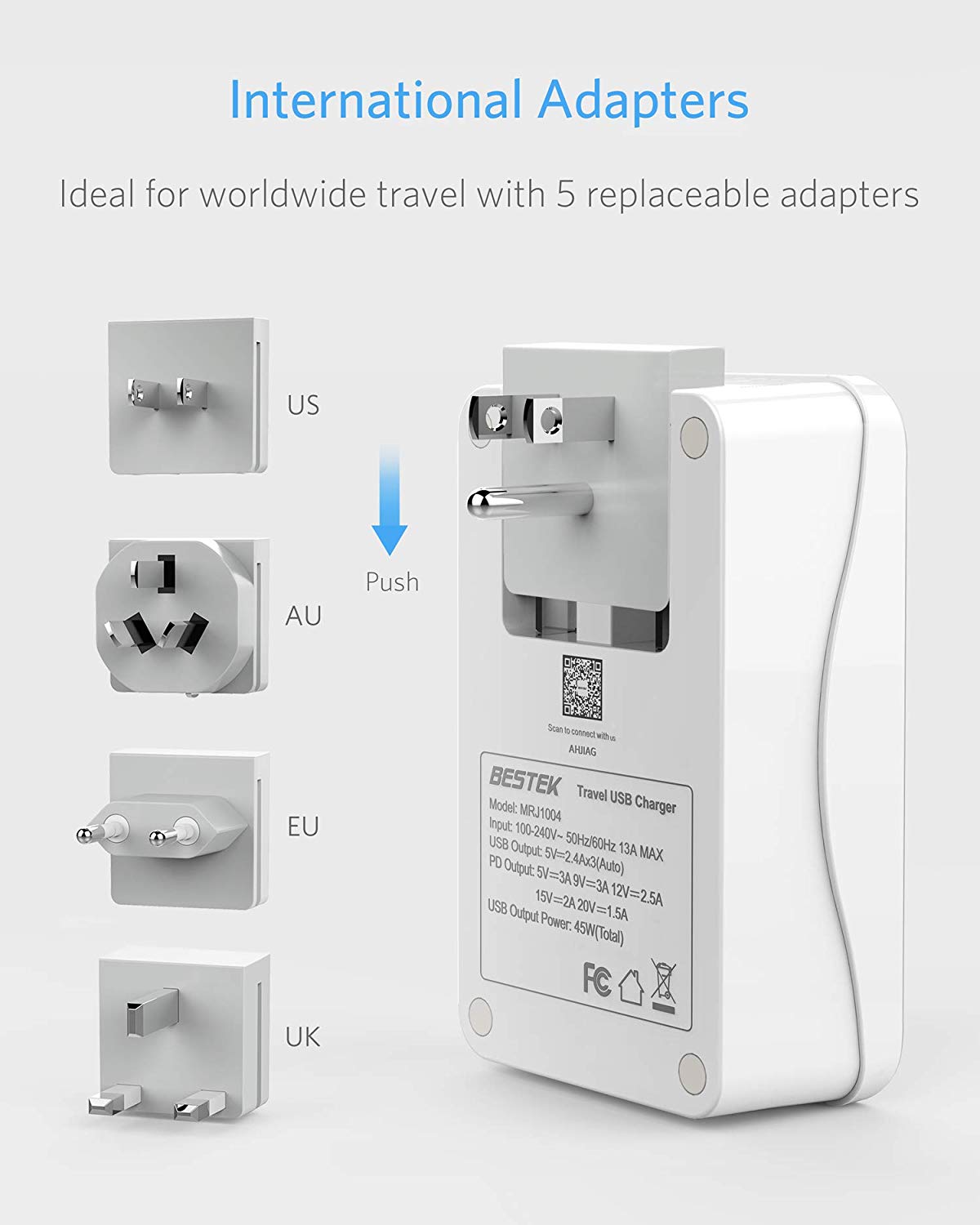 BESTEK travel plug adapter — adapter body with interchangeable plug attachments