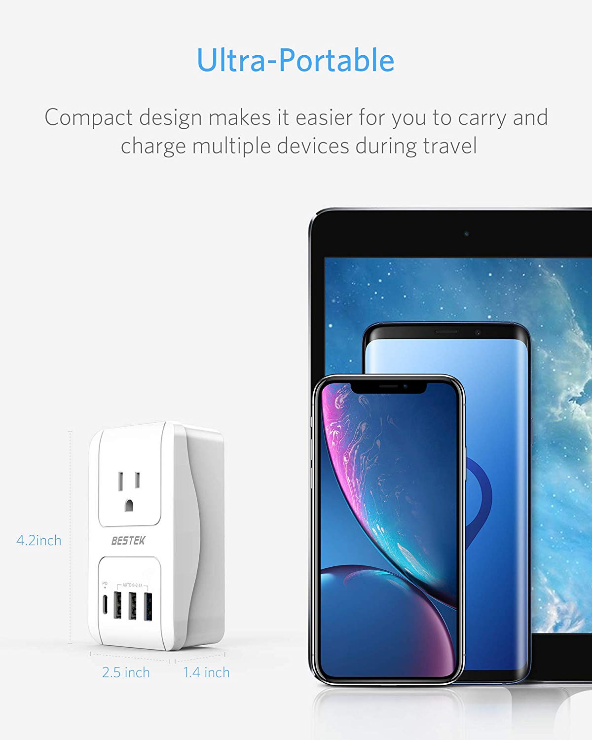 BESTEK travel plug adapter — dimension diagram beside a phone and tablet