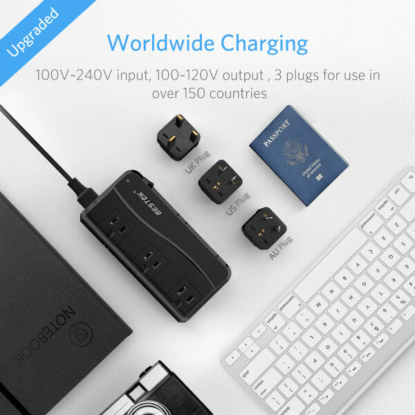 BESTEK travel voltage converter — black converter with international plug attachments