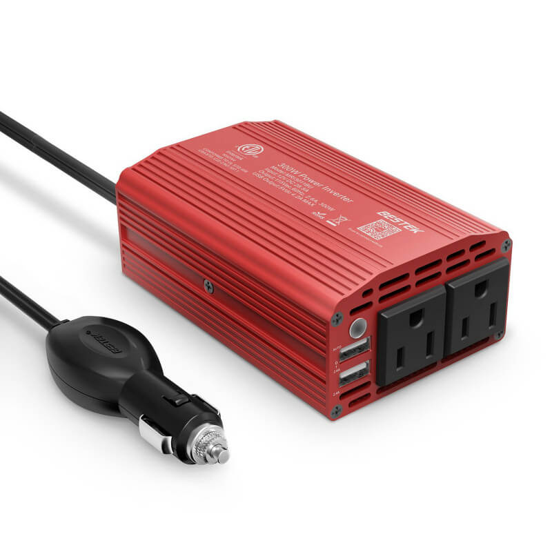 BESTEK 300W inverter — red housing with attached car plug