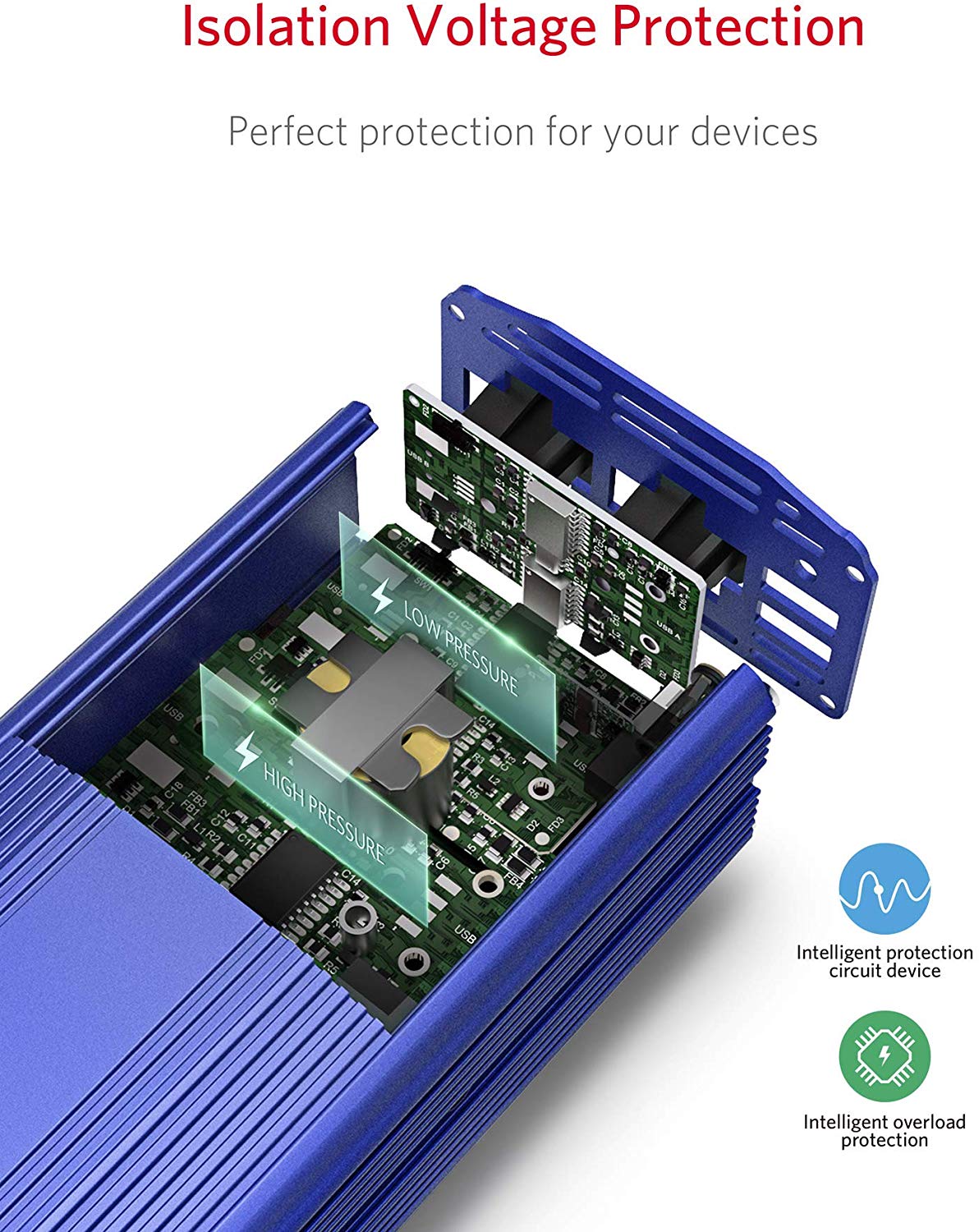 BESTEK 500W inverter — exploded view of the blue inverter circuitry