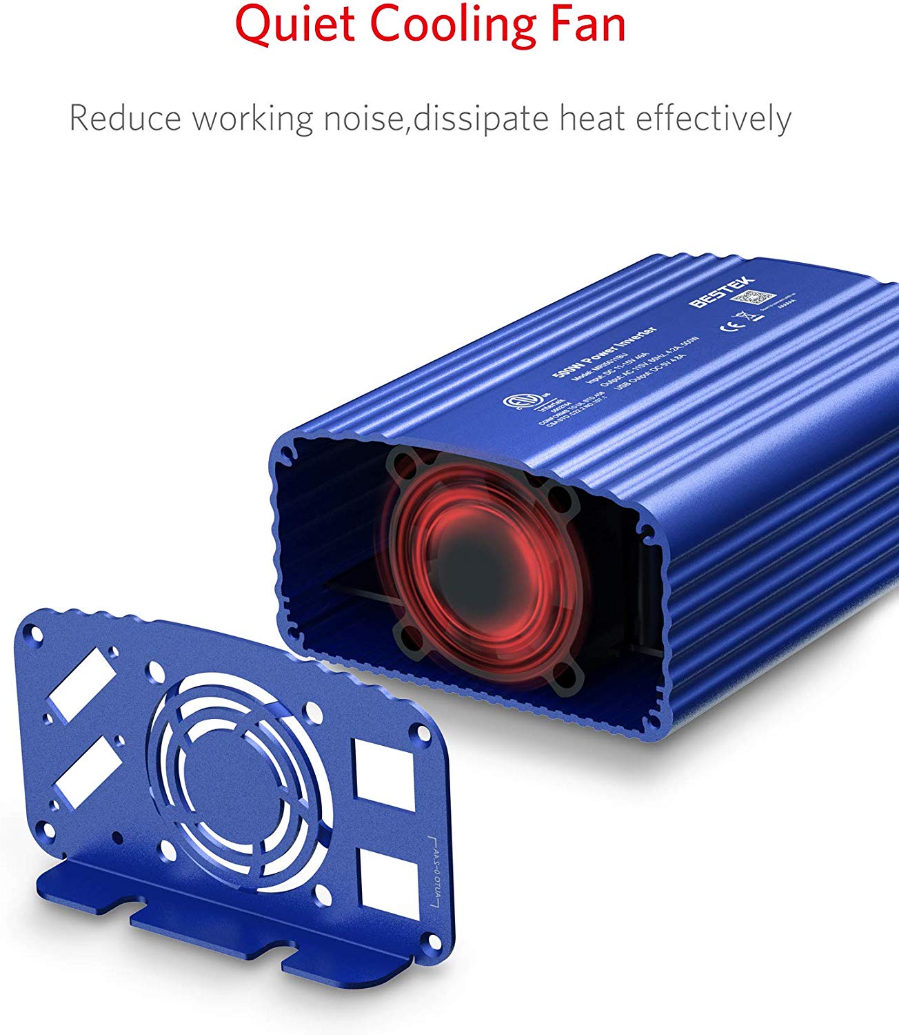 BESTEK 500W inverter — exploded view of the blue rear cooling fan