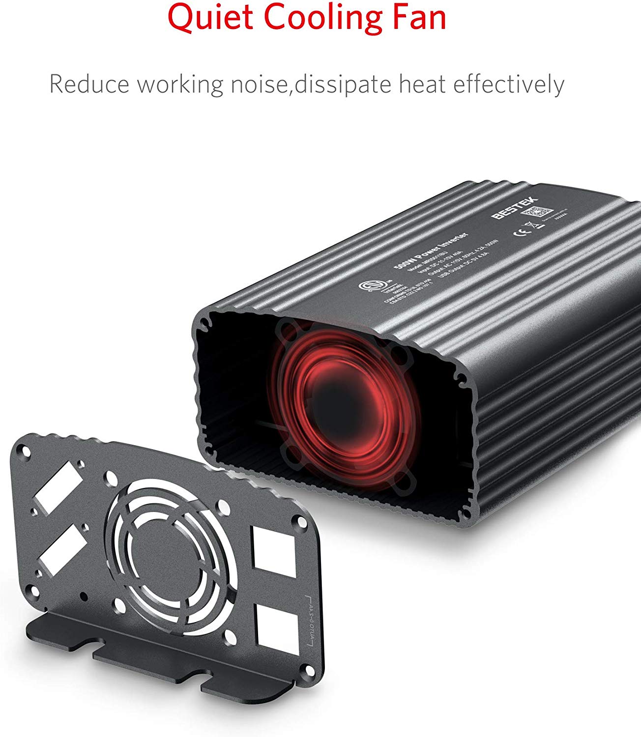 BESTEK 500W inverter — exploded view of the gray rear cooling fan