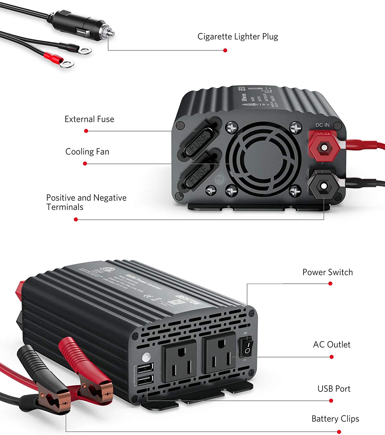 BESTEK 500W inverter — labeled gray inverter ports and battery terminals