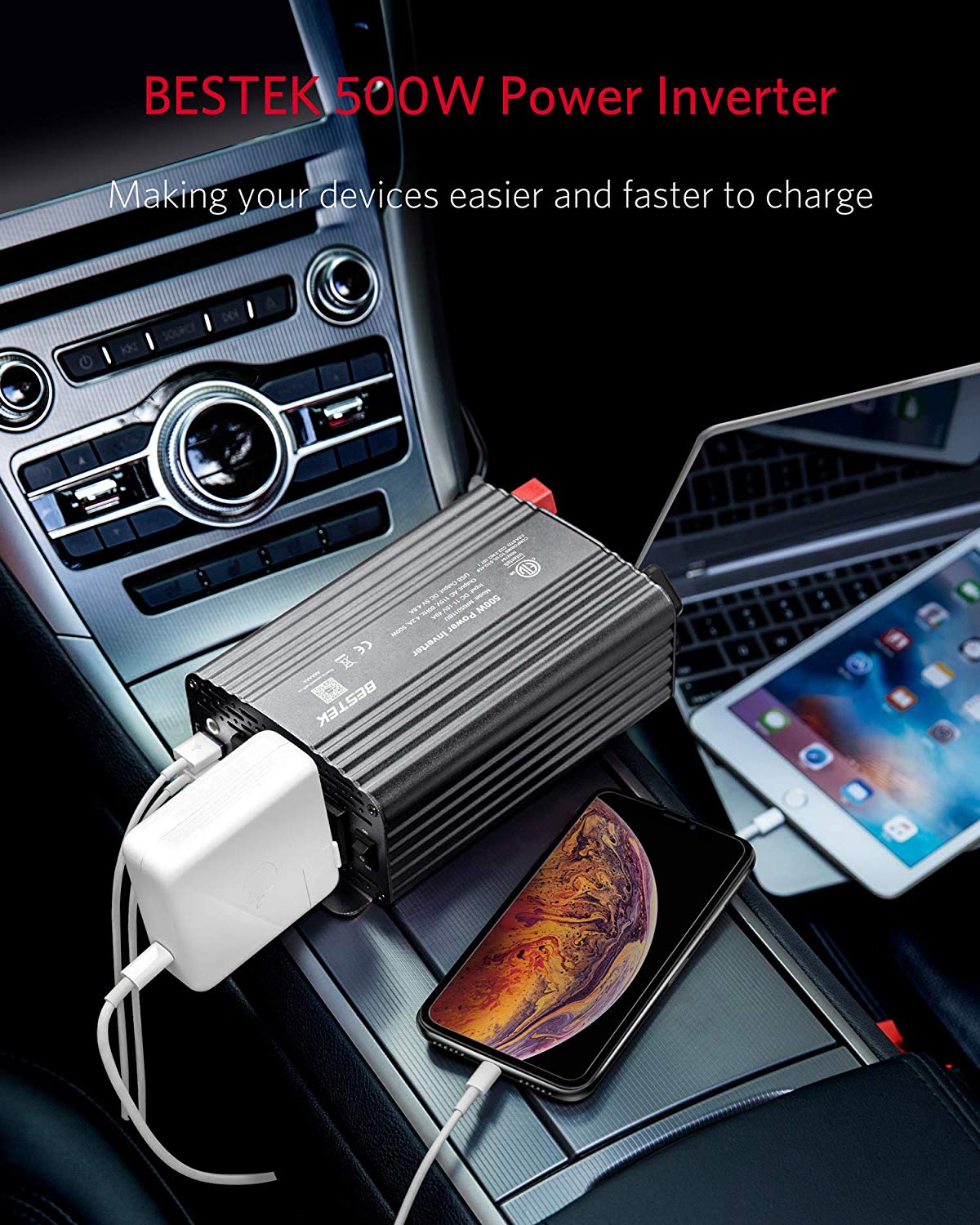 BESTEK 500W inverter — gray inverter charging connected devices in a car