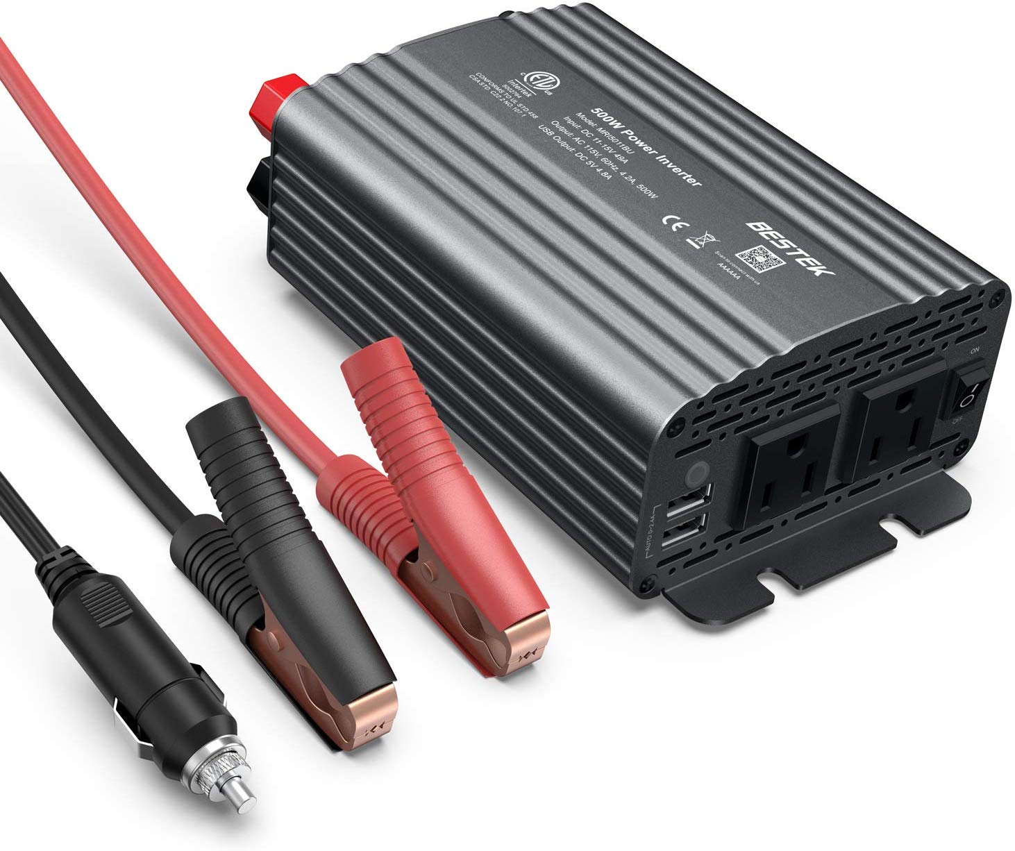 BESTEK 500W inverter — gray inverter with car plug and battery clamps