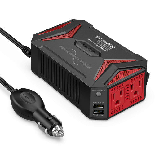BESTEK 300W pure sine wave inverter — black and red housing with attached car plug