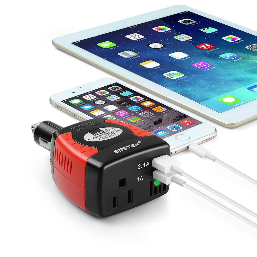 BESTEK 150W inverter — charging a phone and tablet through USB