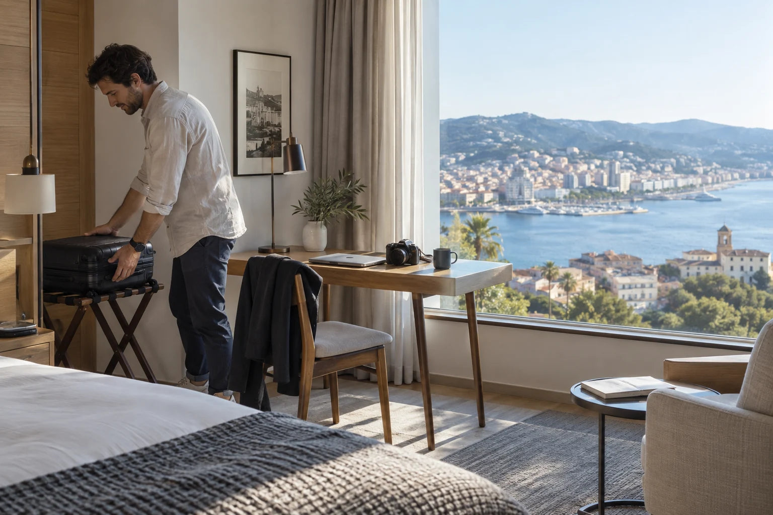 A traveler unpacking a camera and laptop in a bright hotel room