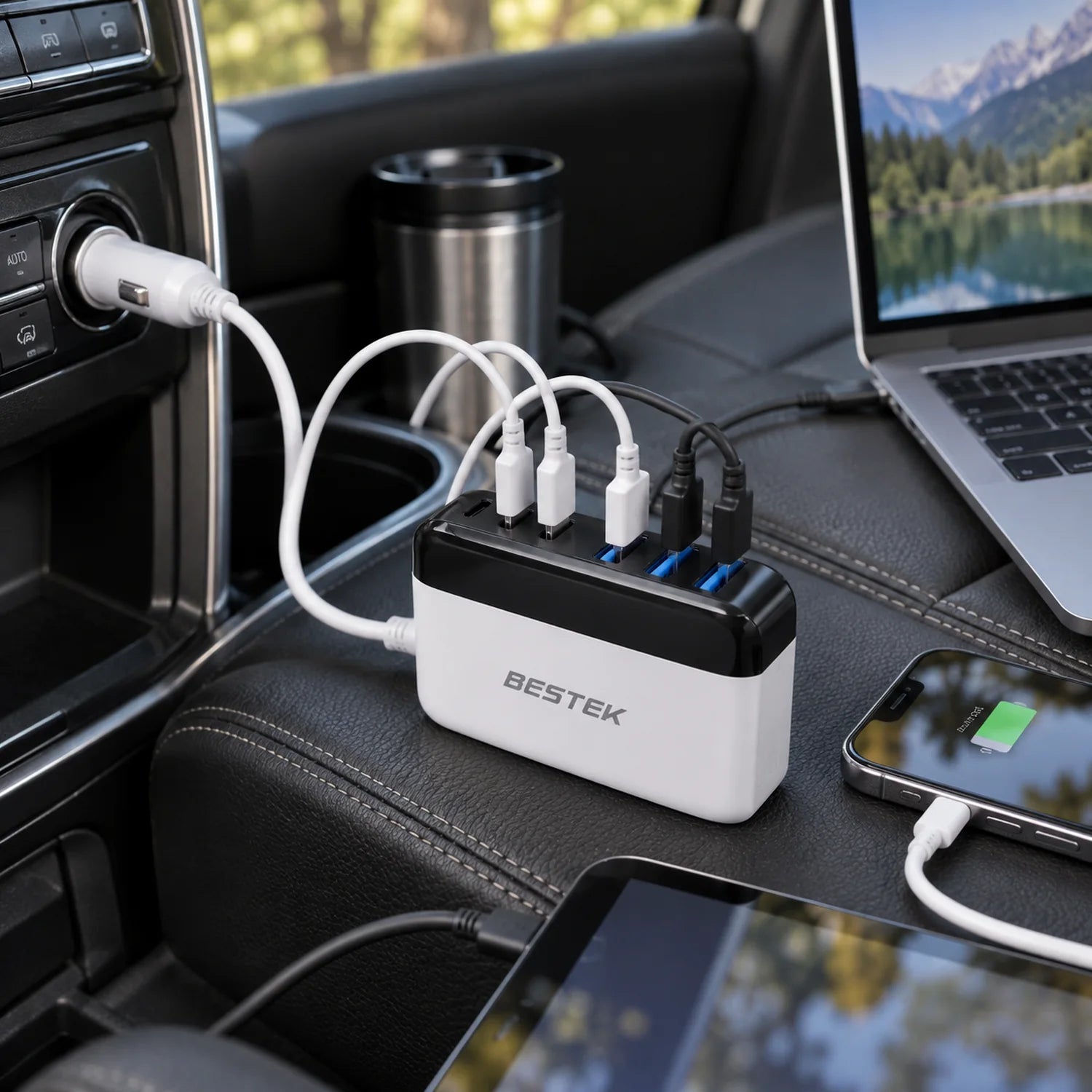BESTEK 125W Multi-Port USB Car Charger with USB-C PD and QC 3.0 in a use setting