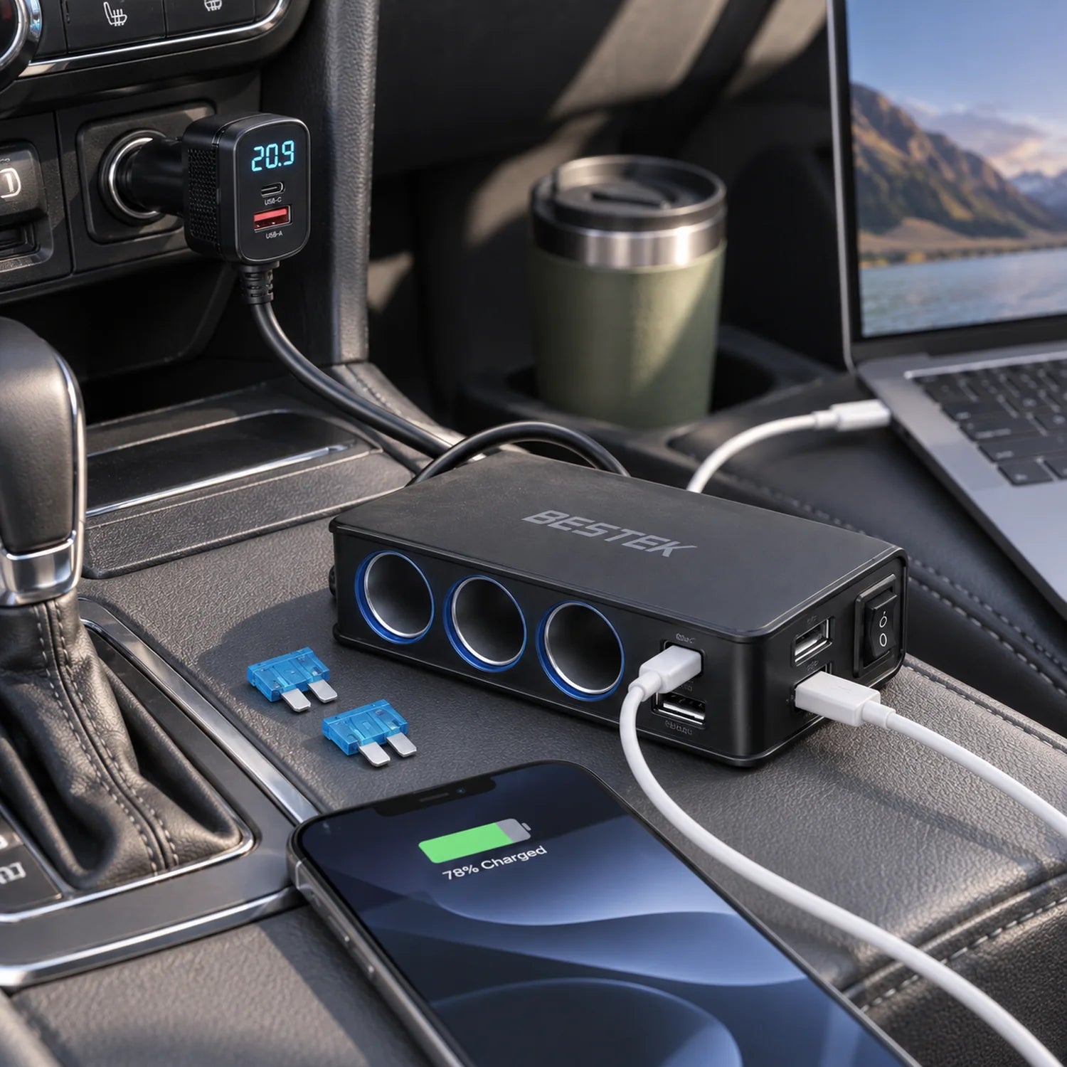 BESTEK 148W 9-in-1 Cigarette Lighter Splitter with USB-C PD in a use setting