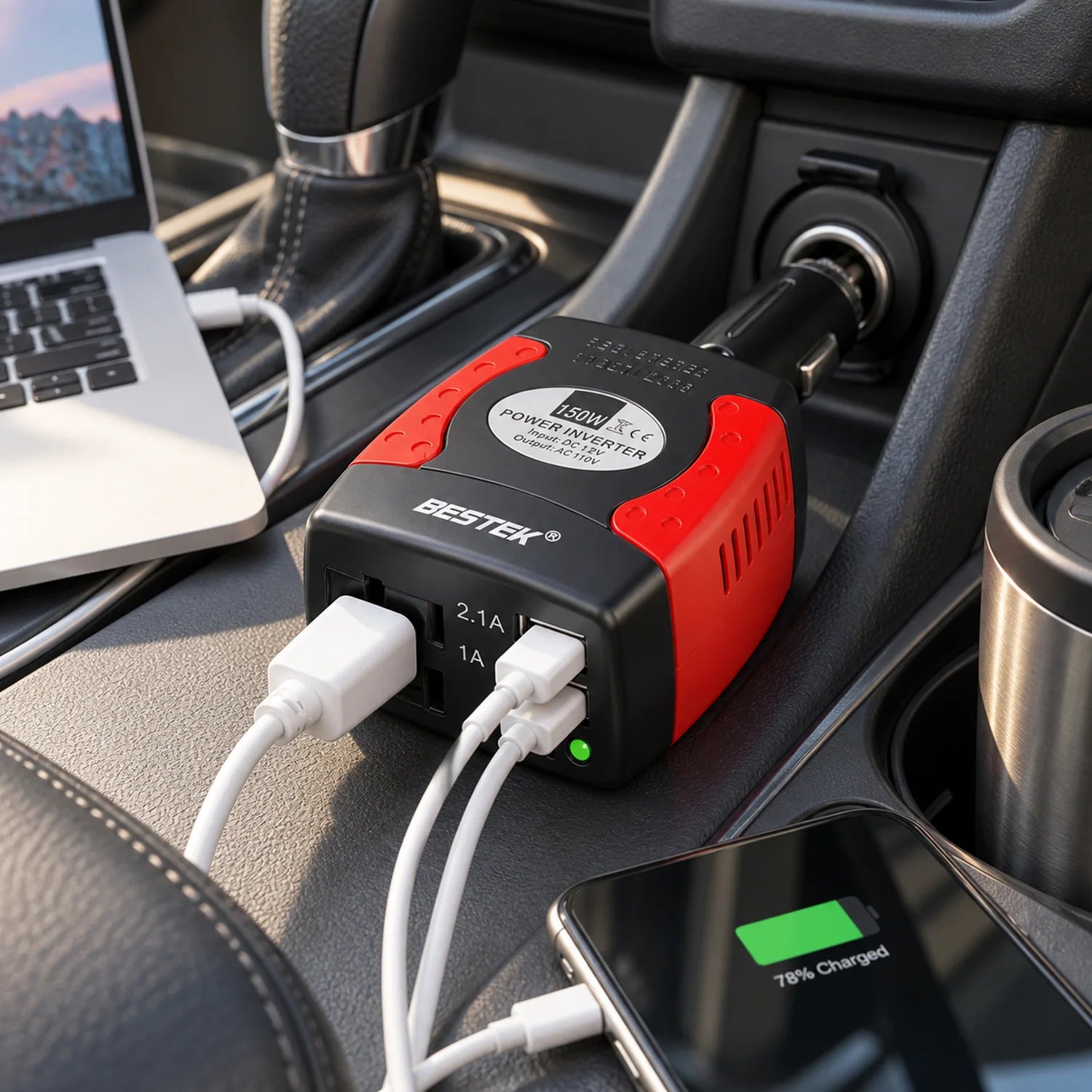 BESTEK 150W Power Inverter with Dual USB Charging Ports in a use setting