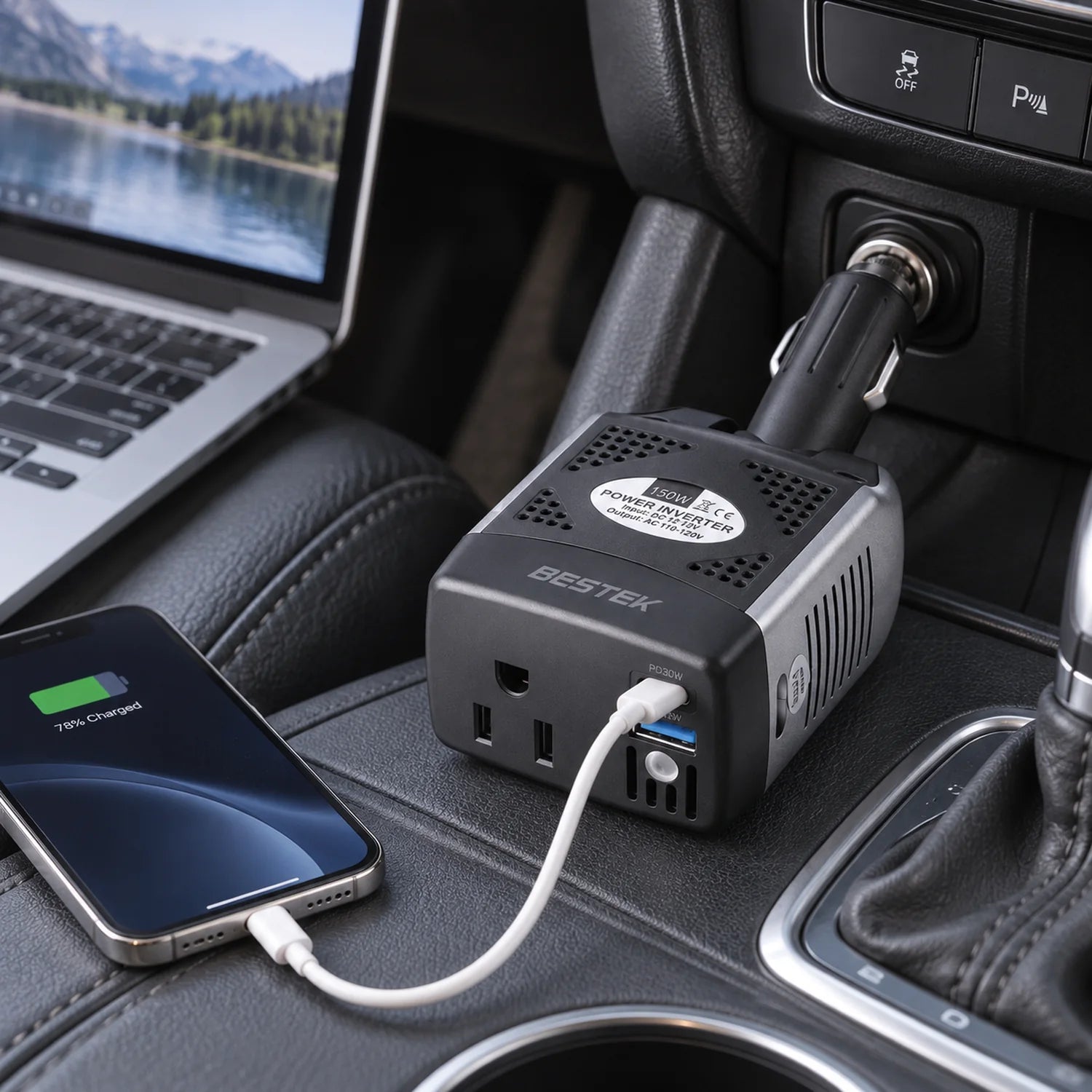 BESTEK 150W Power Inverter with PD 30W and QC 18W Dual Charging Ports in a use setting