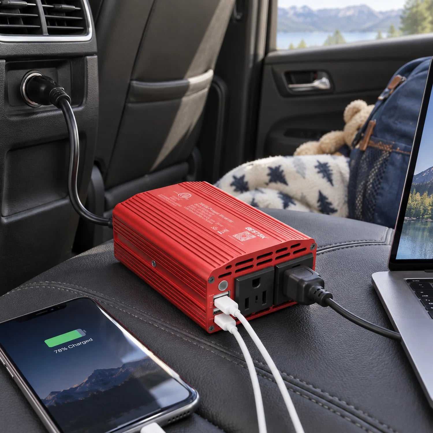 BESTEK 300W Car Power Inverter with 3.1A Dual USB Ports in a use setting