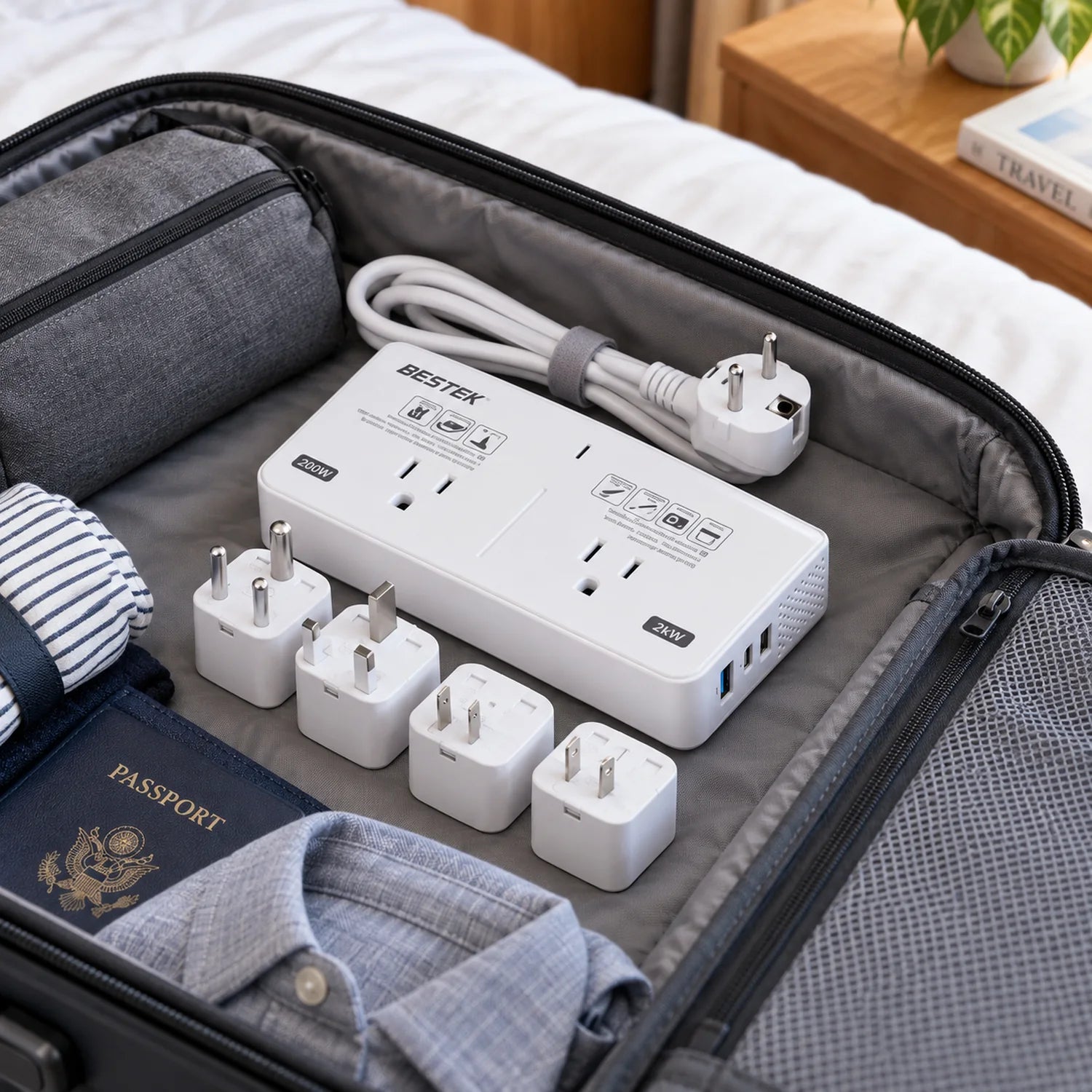 BESTEK 2000W Travel Voltage Converter with 2 AC Outlets and 3 USB Ports in a use setting
