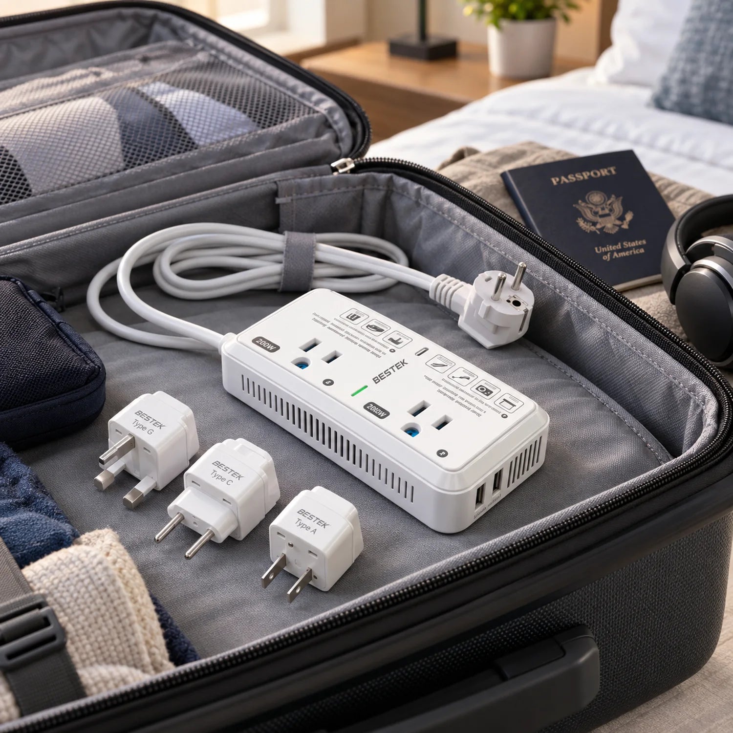 BESTEK 2000W Travel Voltage Converter with 2 USB Ports, White in a use setting