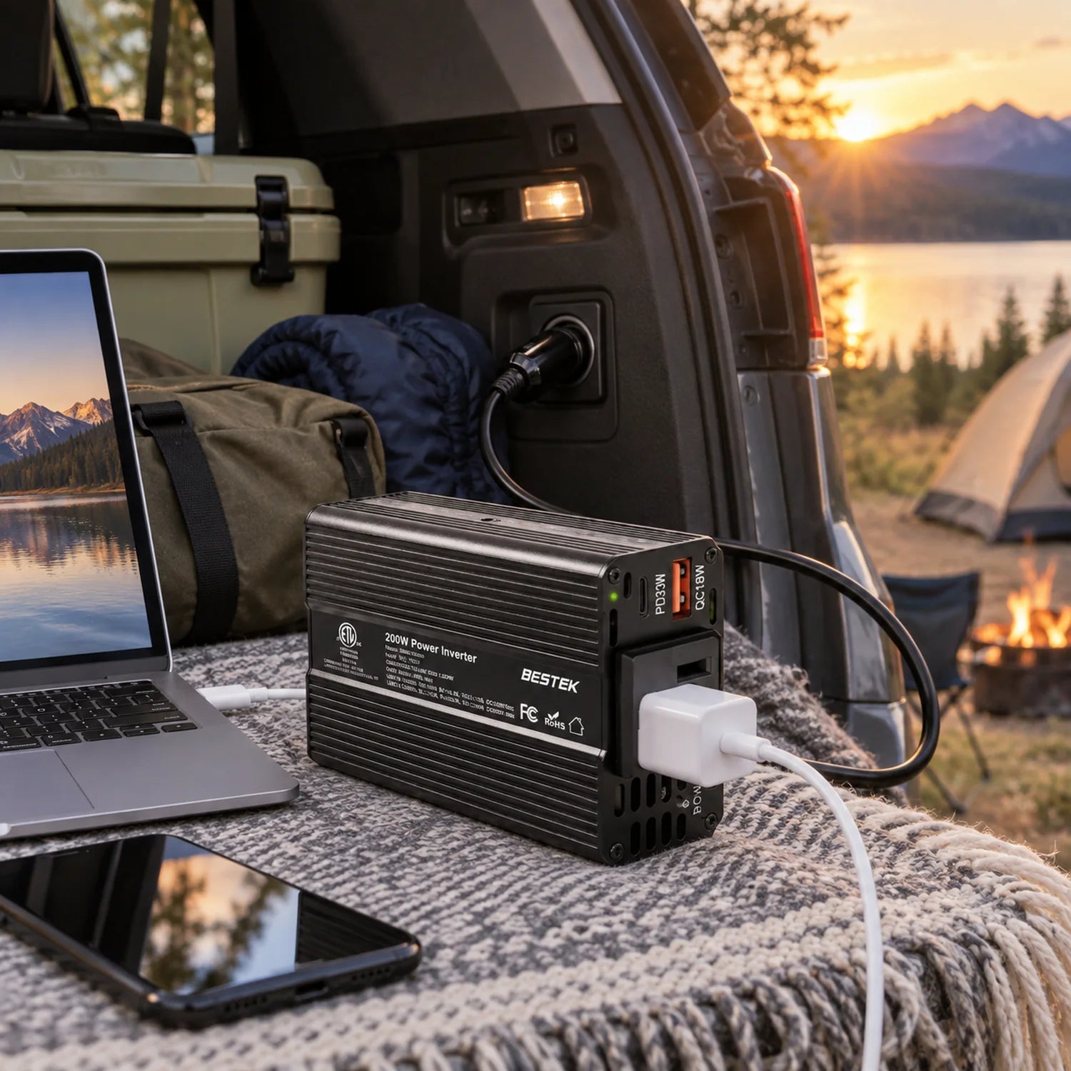 BESTEK 200W Car Power Inverter with 30W USB-C PD and QC 3.0 in a use setting