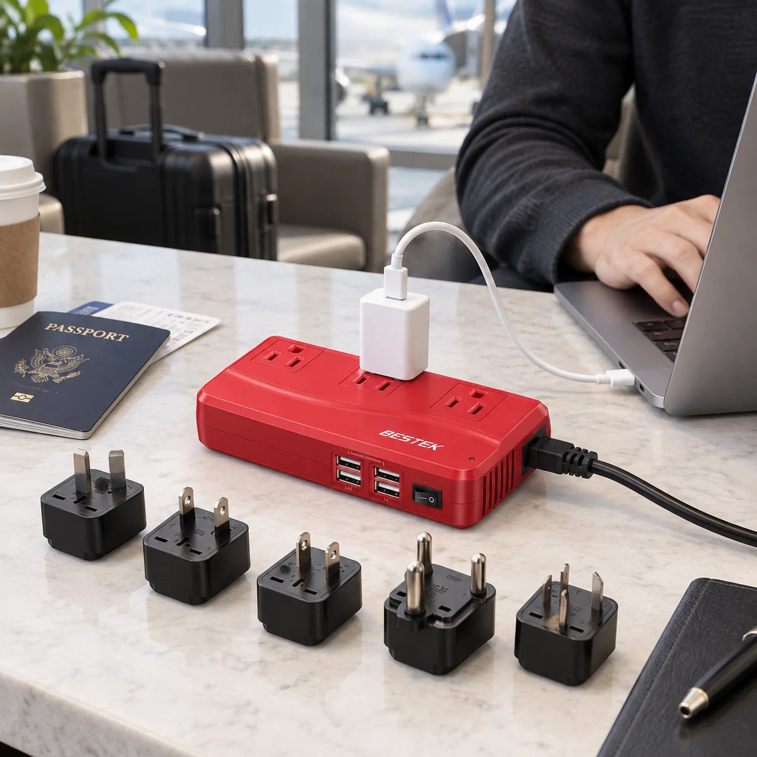 BESTEK 250W International Power Adapter and Voltage Converter, Red in a use setting