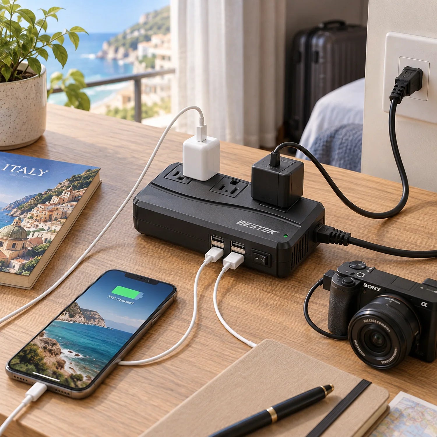 BESTEK 250W Travel Voltage Converter with 3 AC Outlets and 4 USB Ports in a use setting