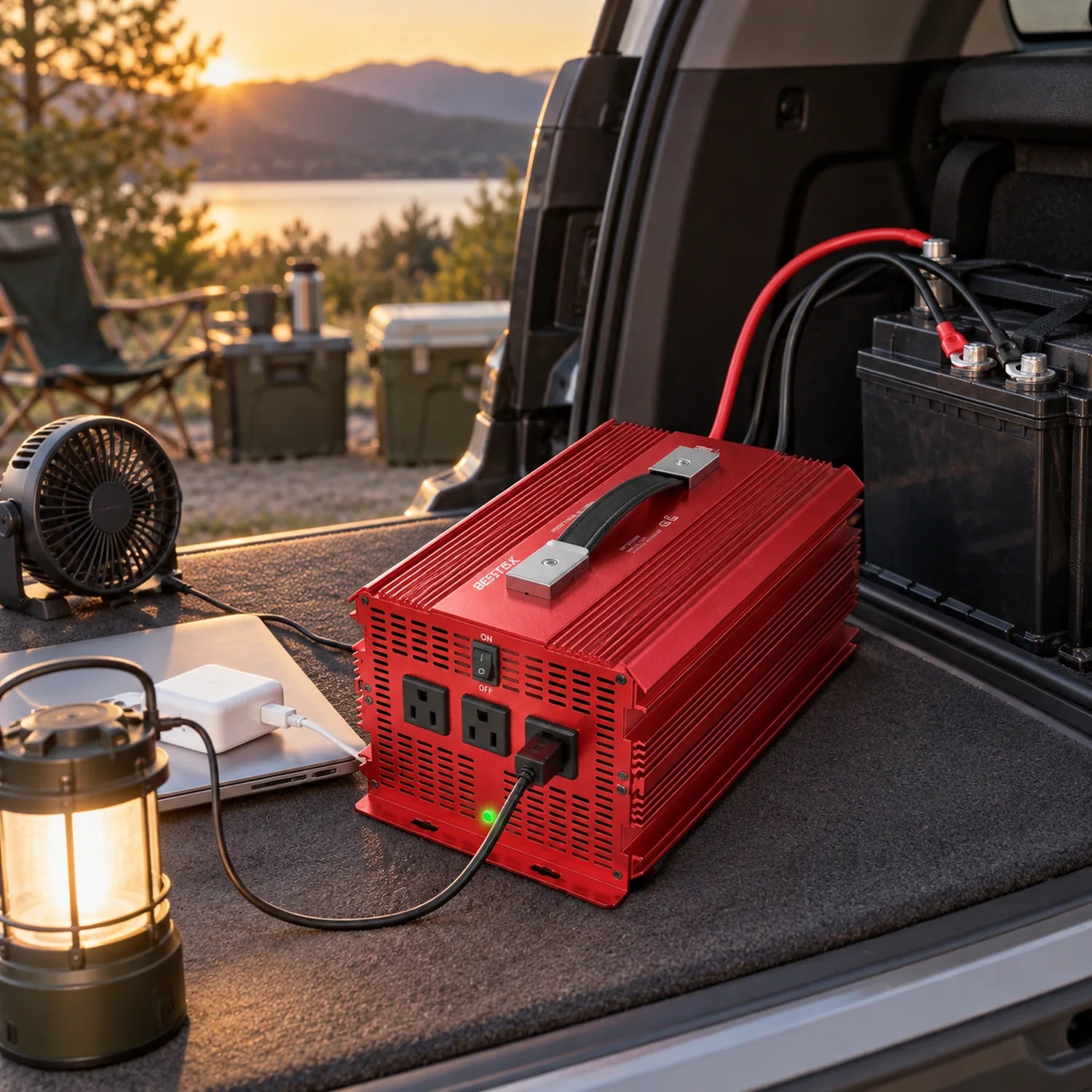 BESTEK 3-Outlet 2000W Power Inverter in a use setting