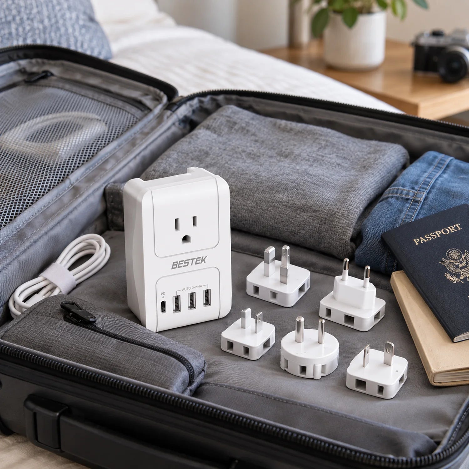 BESTEK 3000W International Travel Adapter with PD 3.0 in a use setting