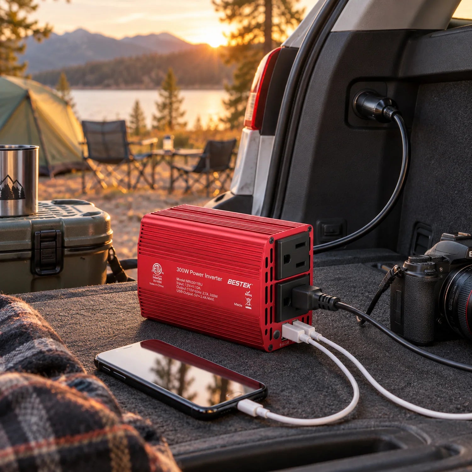 BESTEK 300W Car Power Inverter 12V DC to 110V with 4.8A Dual USB Ports and 2 AC Outlets in a use setting