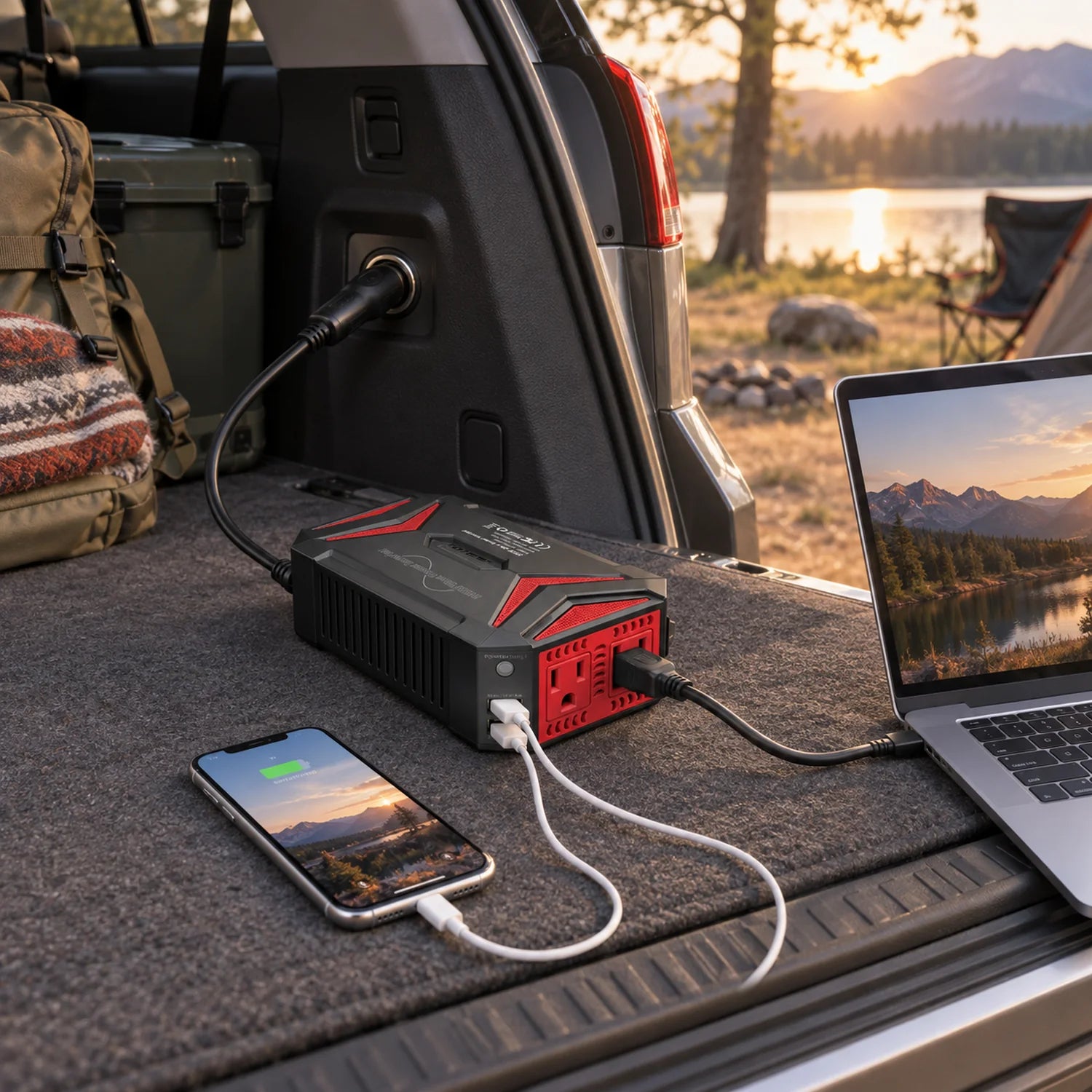 BESTEK 300W Pure Sine Wave with 4.2A 2 USB Power Inverter in a use setting