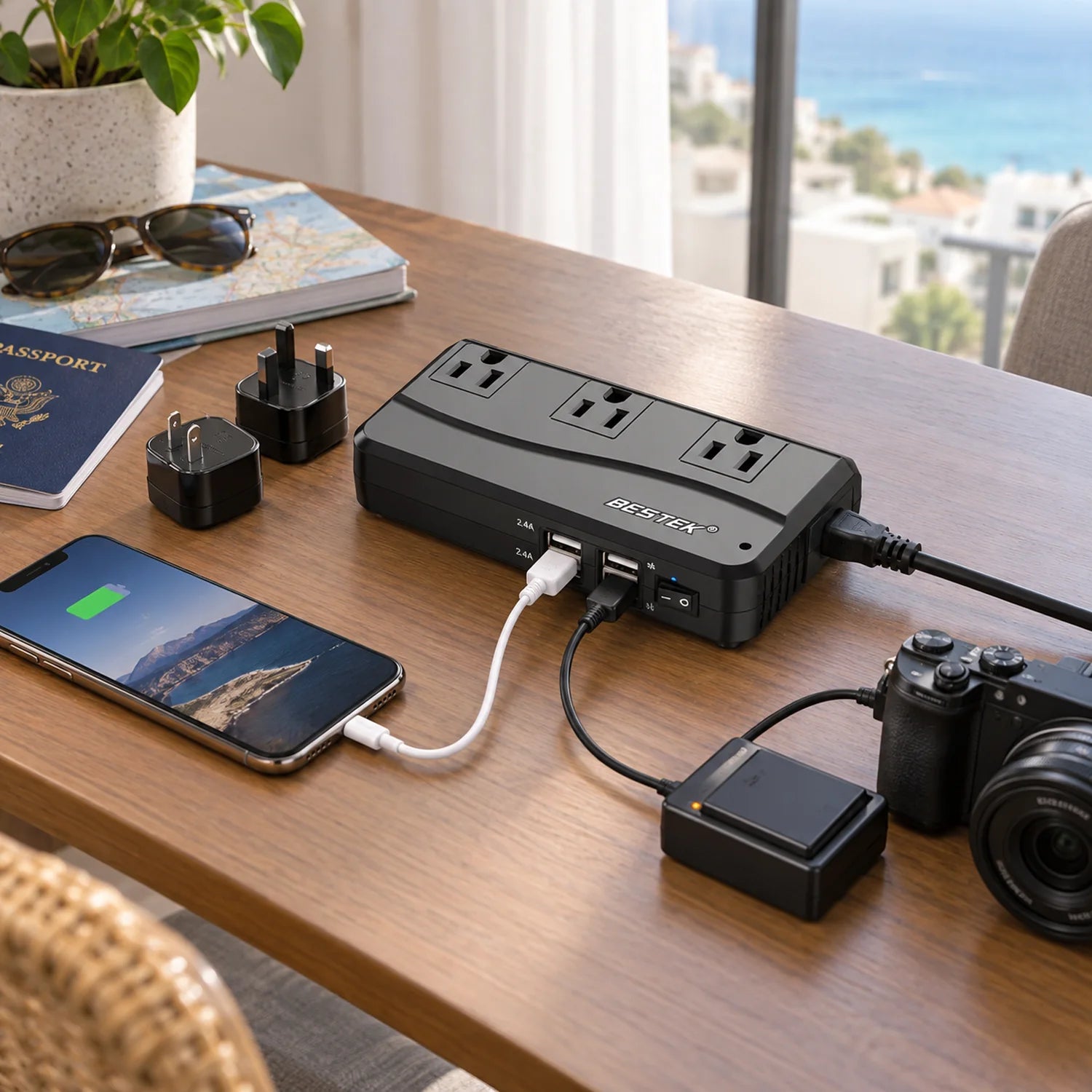 BESTEK 4-Port USB Voltage Converter 3 AC Outlets, UK/US/AU Plug in a use setting