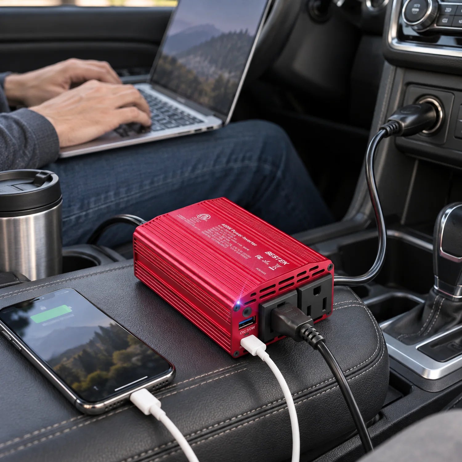 BESTEK 400W Car Power Inverter with 30W USB-C and QC 3.0 in a use setting